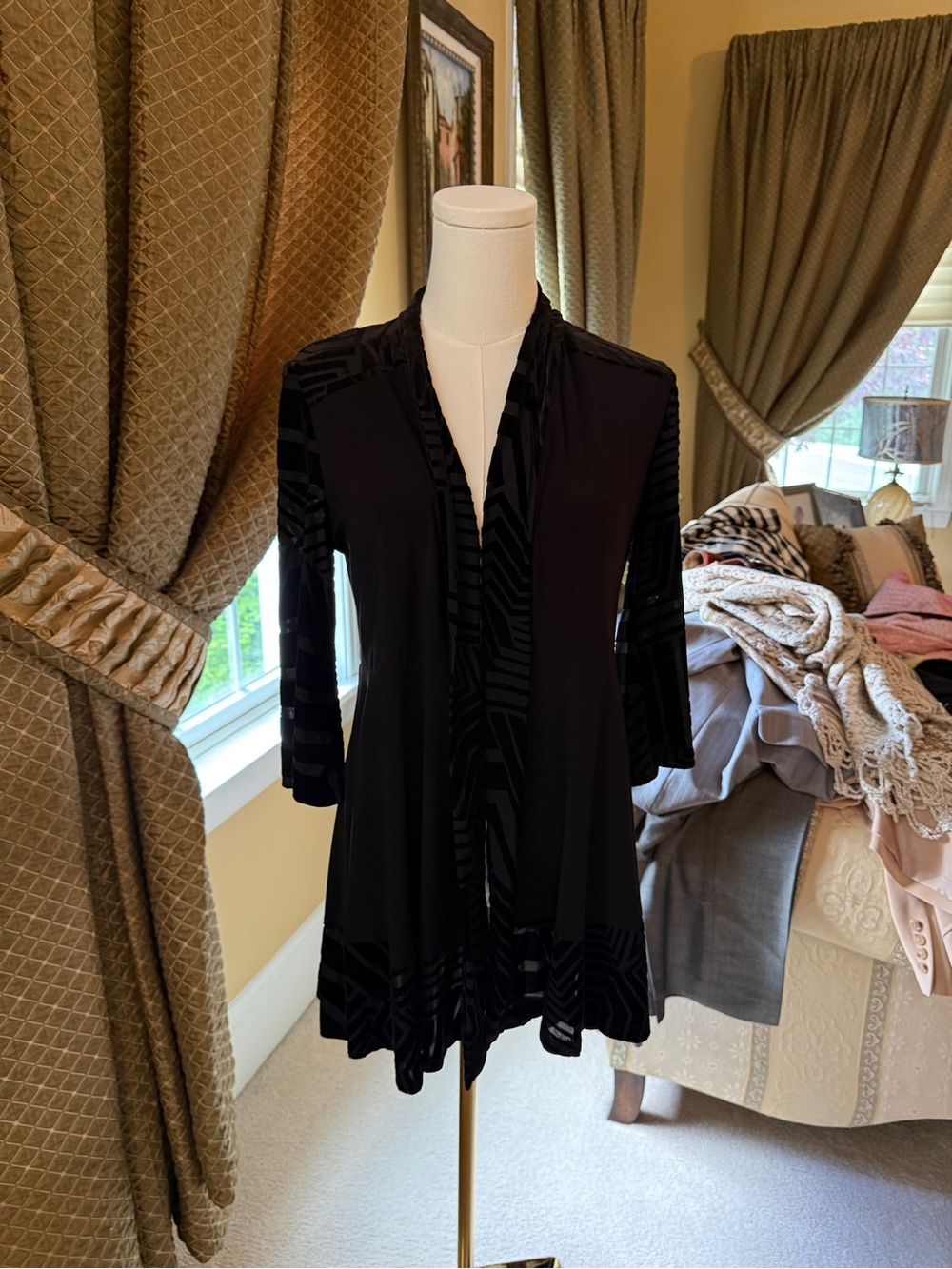 Joseph Ribkoff Black Open-Front Velvet-Striped Draped Jacket